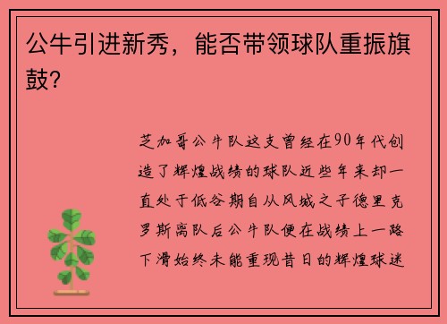 公牛引进新秀，能否带领球队重振旗鼓？